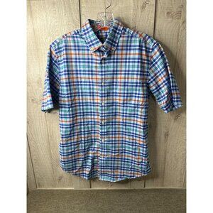 St Johns Bay Plaid Button Down Short Sleeve Mens Shirt Small Blue Green Orange